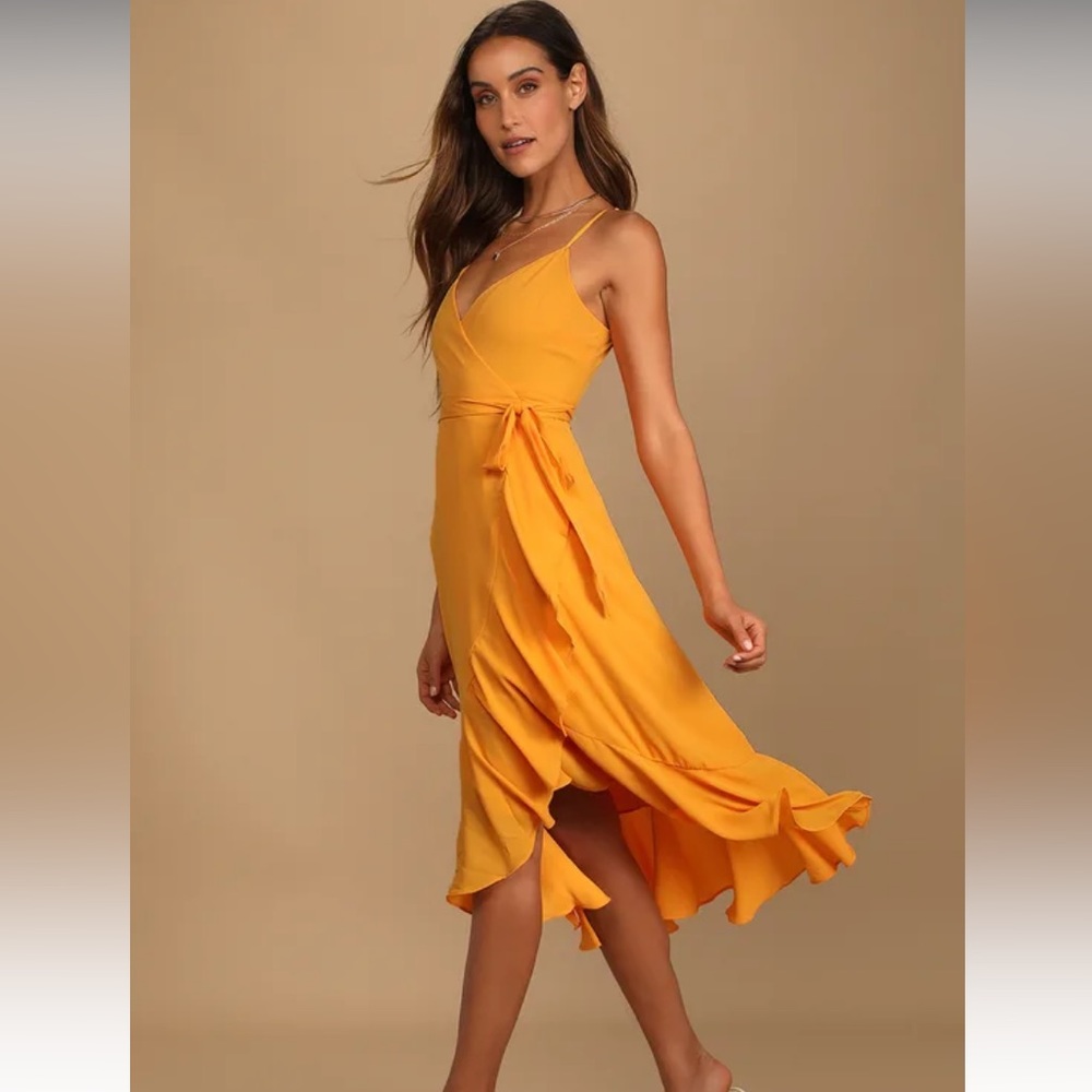 Lulus Manhattan Moment Bright Orange Ruffled Midi Wrap Dress Bright Orange Color